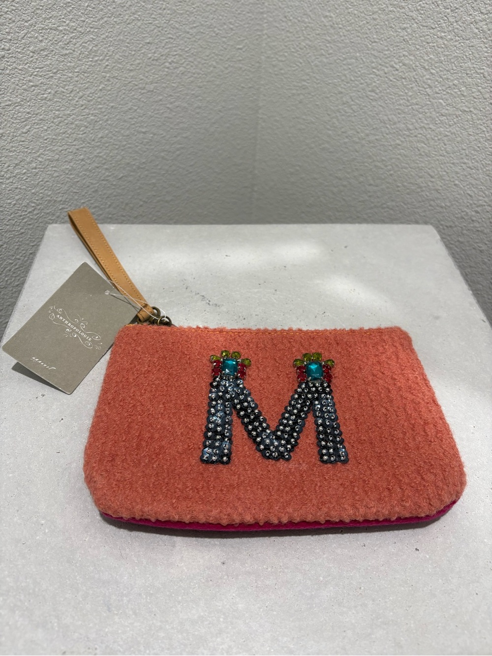 Anthropologie Embellished Coral/Pink Wristlet/ Clutch - Monogram M